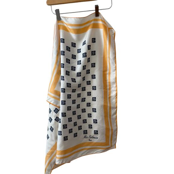 Vintage Miss Balmain Paris Large Silk Scarf Apricot Navy Blue - Picture 1 of 8